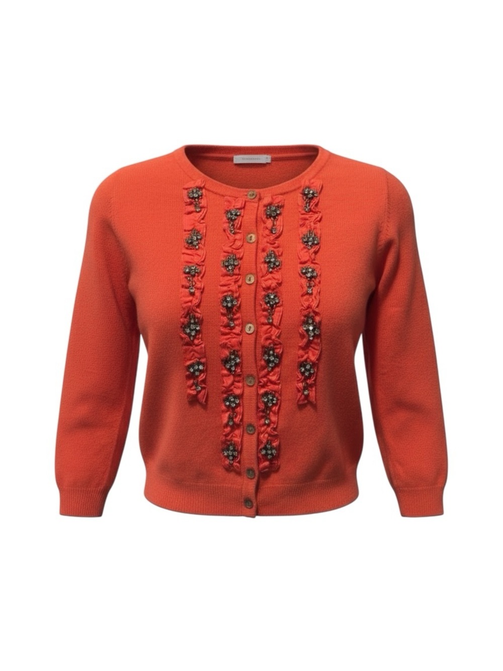 Boden Coral-Orange Ruffle & Jeweled Front Cardigan